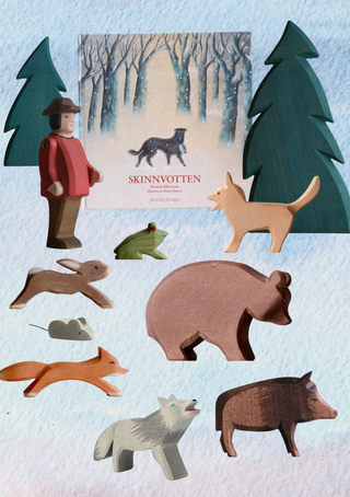 Sett med bok og figurer til skinnvotten eventyret!