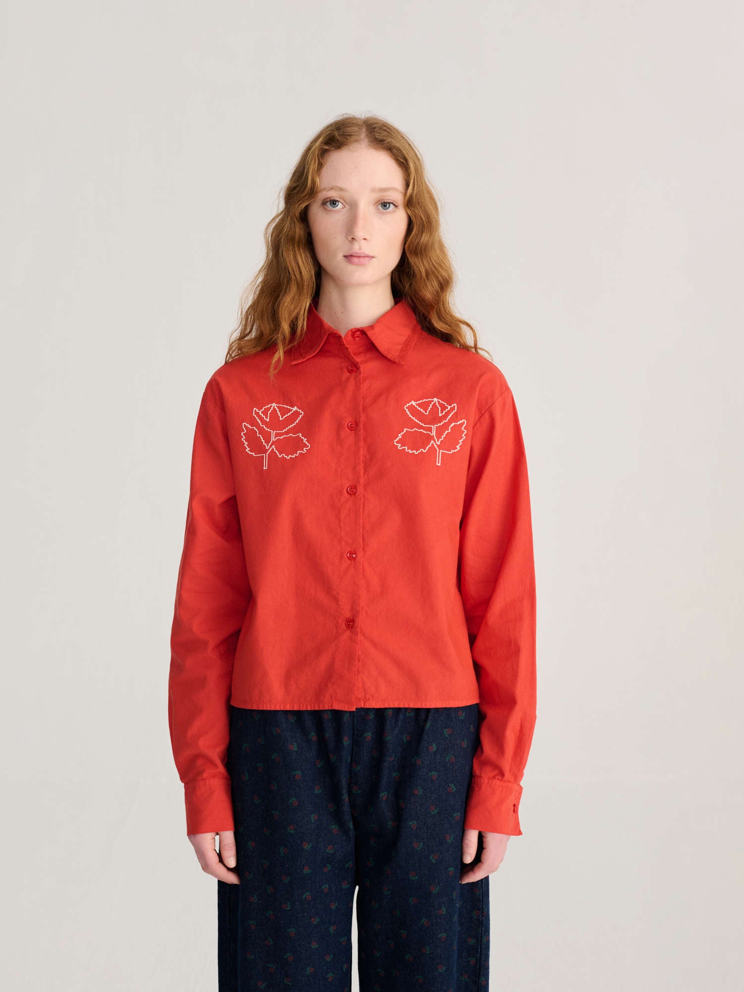 Vibrant Flower Embroidery Poplin Shirt