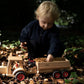 Barn fyller tilhengeren til Fagus klassisk traktor med løv i skogen
