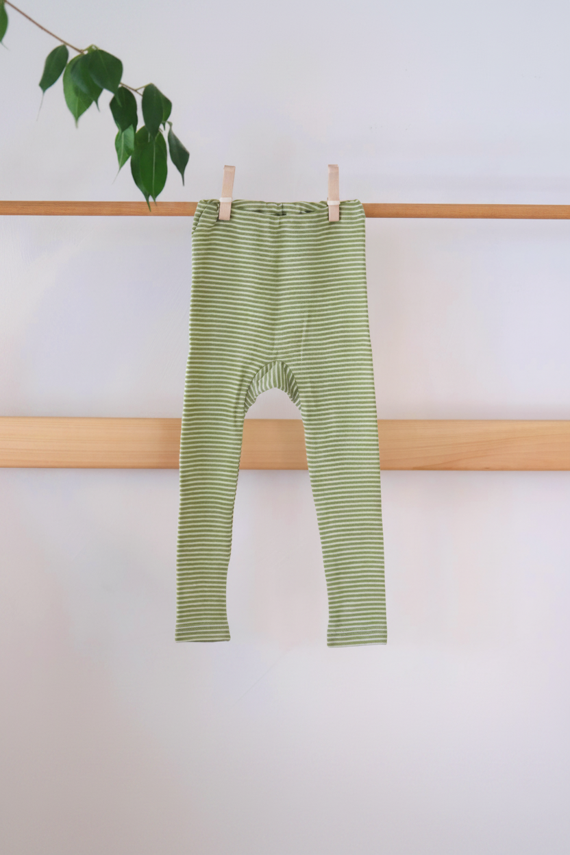 Leggings til barn - ull/silke - grønne striper