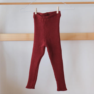 Ribbestrikket leggings i ull - bordeaux